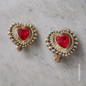 Vintage TJG Red Heart Clip-On Earrings | Gold Tone Beaded Border